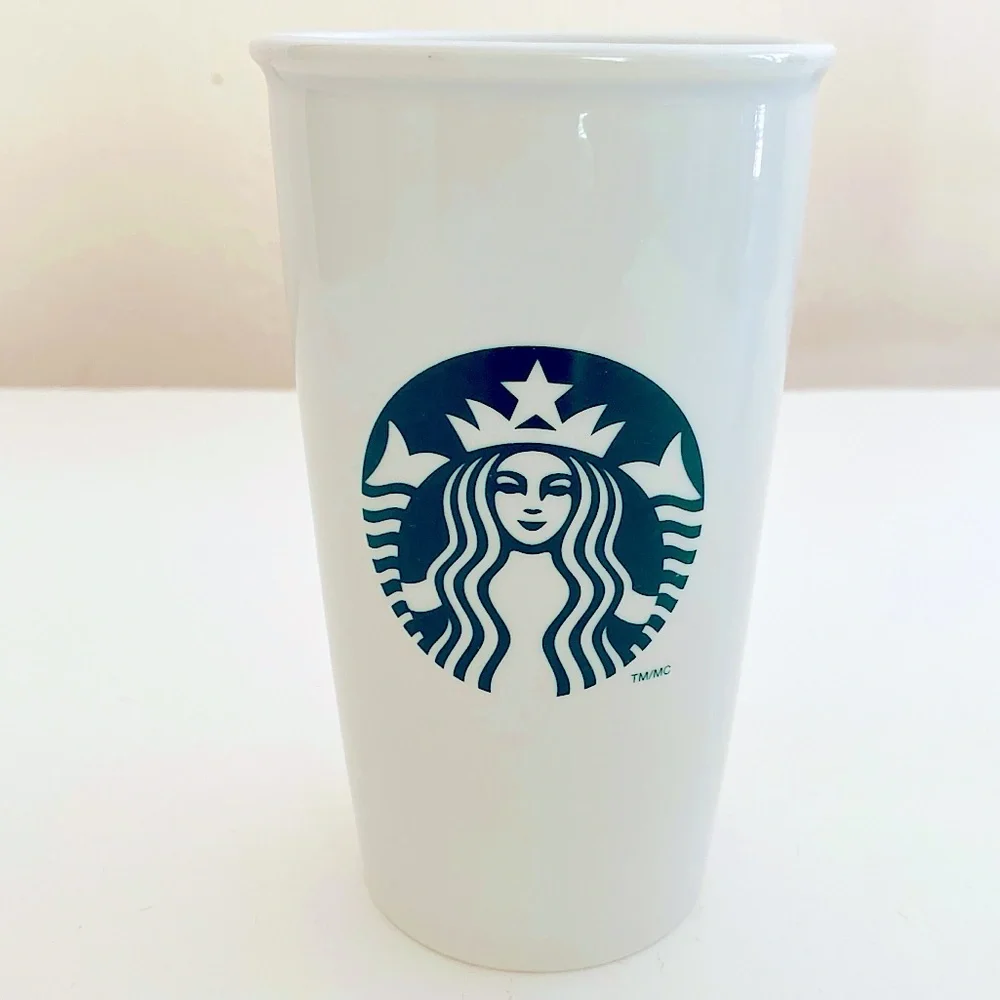 2011 Starbucks Siren Mermaid Logo White Ceramic Travel Coffee Tumbler Mug 12 Oz